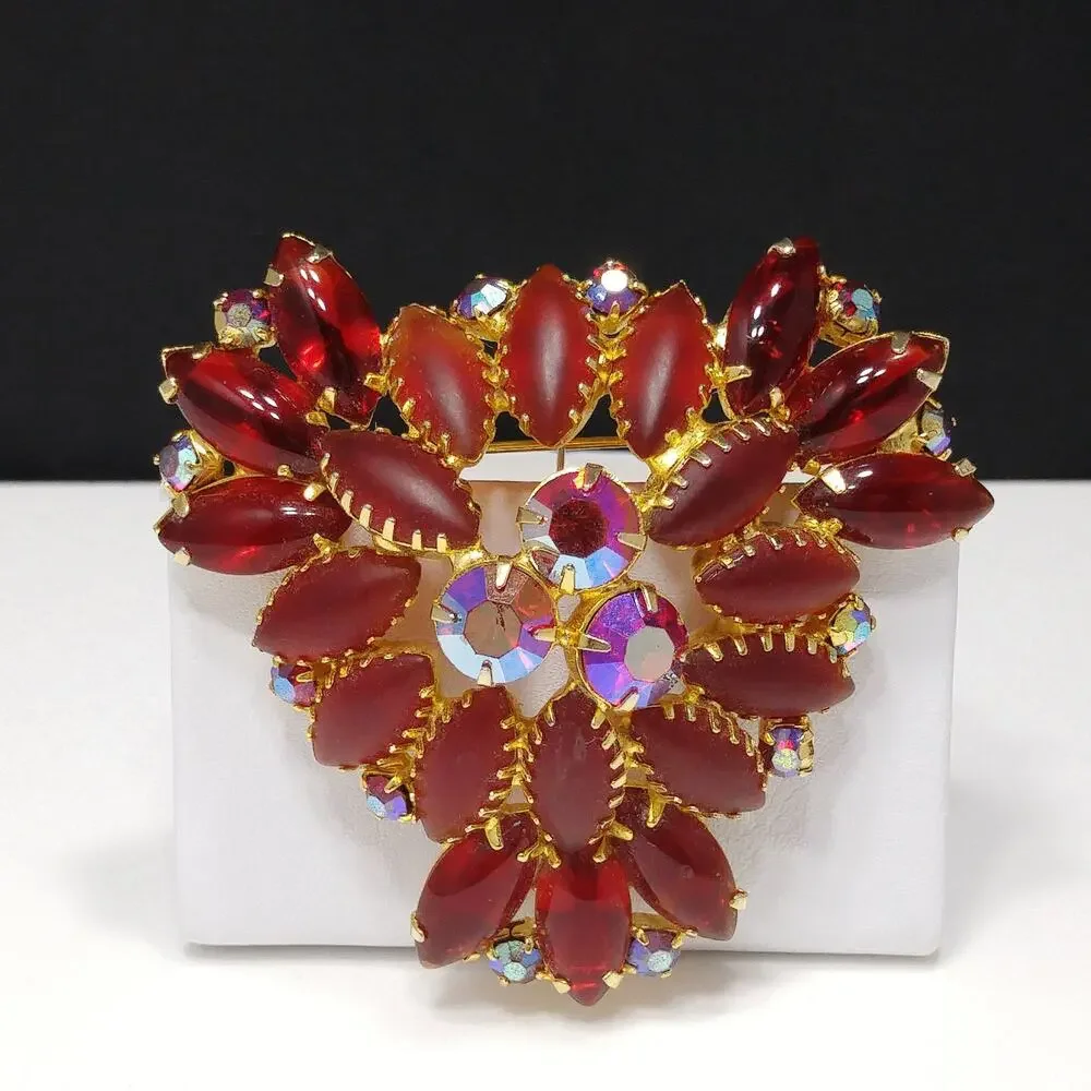 Red Art Glass & Rhinestone Brooch, Gold Plated, Juliana Style, 1960s Vintage